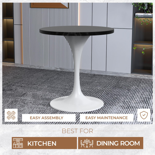 Mid-Century Modern 27 Inch Round Dining Table, MDF Wood Tabletop with White Steel Pedestal Base, Contemporary Kitchen & Dining Room Table, Small Space Breakfast Table, Black