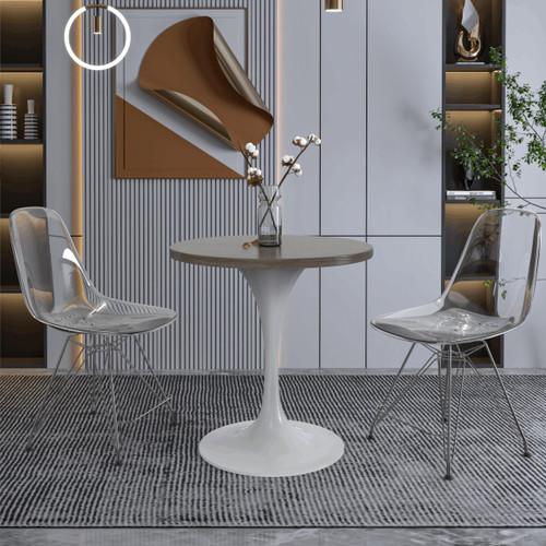 Mid-Century Modern 27 Inch Round Dining Table, MDF Wood Tabletop with White Steel Pedestal Base, Contemporary Kitchen & Dining Room Table, Small Space Breakfast Table, Dark Maple