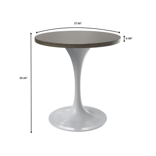 Mid-Century Modern 27 Inch Round Dining Table, MDF Wood Tabletop with White Steel Pedestal Base, Contemporary Kitchen & Dining Room Table, Small Space Breakfast Table, Dark Maple