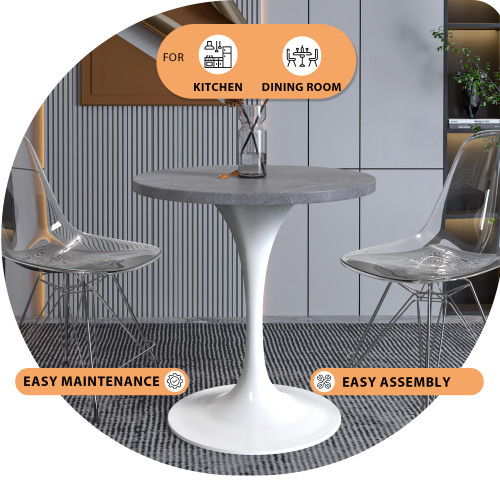Mid-Century Modern Dining Table with a 27" Round Sintered Stone Tabletop and White Stainless Steel Pedestal Base for Kitchen and Dining Room (Grey)