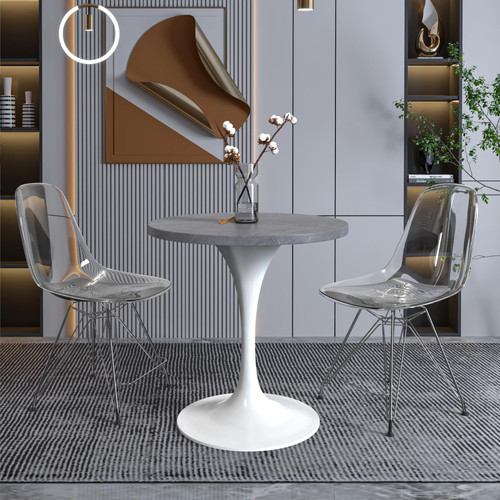Mid-Century Modern Dining Table with a 27" Round Sintered Stone Tabletop and White Stainless Steel Pedestal Base for Kitchen and Dining Room (Grey)