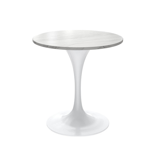 Modern Dining Table 27" Round Sintered Stone Tabletop and White Stainless Steel Pedestal Base for Kitchen and Dining Room, White