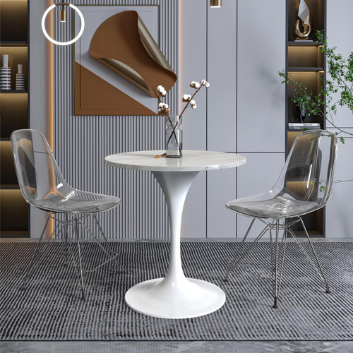 Modern Dining Table 27" Round Sintered Stone Tabletop and White Stainless Steel Pedestal Base for Kitchen and Dining Room, White