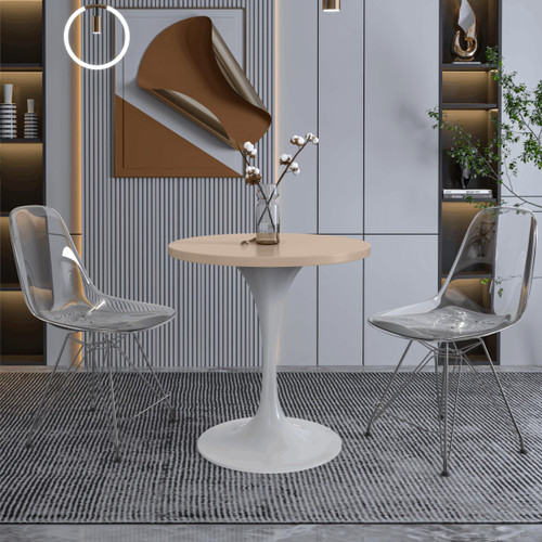 Mid-Century Modern 27 Inch Round Dining Table, MDF Wood Tabletop with White Steel Pedestal Base, Contemporary Kitchen & Dining Room, Small Space Breakfast Table, Light Natural Wood