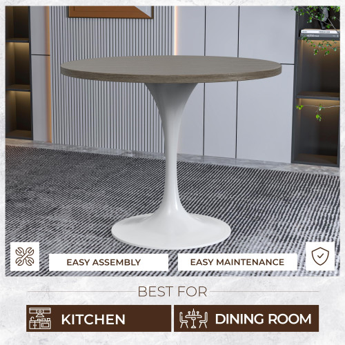 Mid-Century Modern 36 Inch Round Dining Table, MDF Wood Tabletop with White Steel Pedestal Base, Contemporary Kitchen & Dining Room Table, for Small Spaces (Dark Maple)