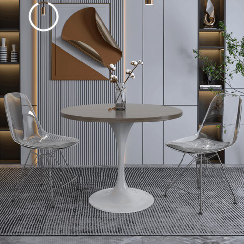 Mid-Century Modern 36 Inch Round Dining Table, MDF Wood Tabletop with White Steel Pedestal Base, Contemporary Kitchen & Dining Room Table, for Small Spaces (Dark Maple)