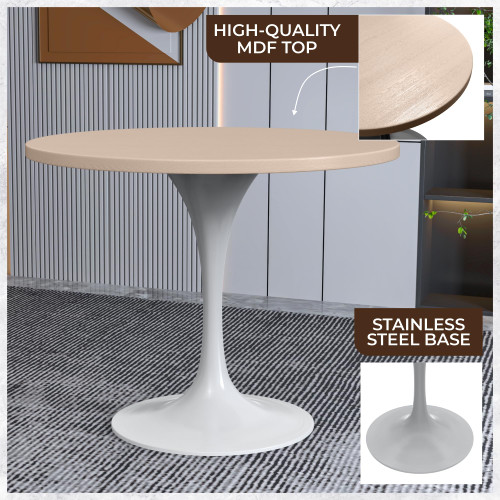 Mid-Century Modern 36 Inch Round Dining Table, MDF Wood Tabletop with White Steel Pedestal Base, Contemporary Kitchen & Dining Room Table, for Small Spaces (Light Natural)