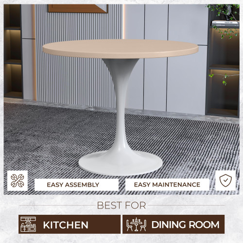 Mid-Century Modern 36 Inch Round Dining Table, MDF Wood Tabletop with White Steel Pedestal Base, Contemporary Kitchen & Dining Room Table, for Small Spaces (Light Natural)