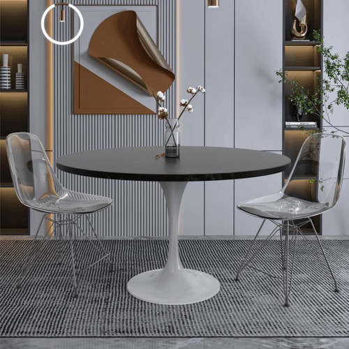 Mid-Century Modern 48 Inch Round Dining Table, MDF Wood Tabletop with White Steel Pedestal Base, Large Pedestal Kitchen & Dining Room Table, Breakfast Nook Table (Black)