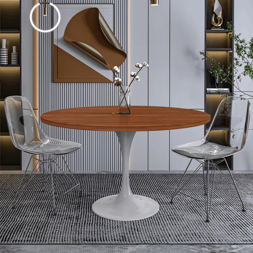 Mid-Century Modern 48 Inch Round Dining Table, MDF Wood Tabletop with White Steel Pedestal Base, Large Pedestal Kitchen & Dining Room Table, Breakfast Nook Table (Cognac Brown)