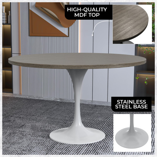 Mid-Century Modern 48 Inch Round Dining Table, MDF Wood Tabletop with White Steel Pedestal Base, Large Pedestal Kitchen & Dining Room Table, Breakfast Nook Table (Dark Maple)