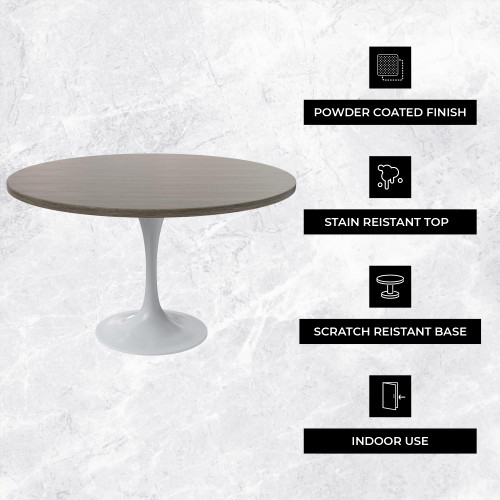 Mid-Century Modern 48 Inch Round Dining Table, MDF Wood Tabletop with White Steel Pedestal Base, Large Pedestal Kitchen & Dining Room Table, Breakfast Nook Table (Dark Maple)