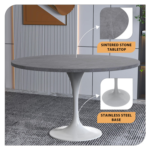 Modern 48" Round Dining Table with Sintered Stone Tabletop in White Steel Pedestal Base for Kitchen and Dining Room (Grey)