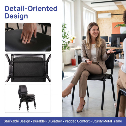 Set of 15, Black PU Leather, Stackable Office Guest Chairs, Reception Waiting Room Chairs with Padded Seat & Back, Armless No Wheels Conference Chairs for Office Meeting Lobby