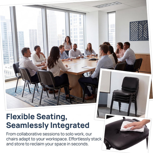 Set of 20, Black PU Leather, Stackable Office Guest Chairs, Reception Waiting Room Chairs with Padded Seat & Back, Armless No Wheels Conference Chairs for Training, Meeting, Event