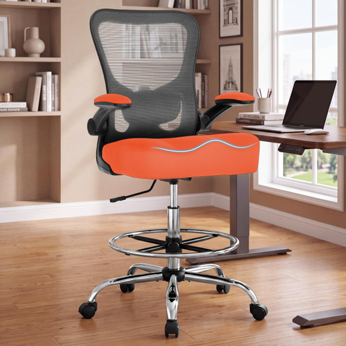 500LBS Ergonomic Drafting Chair Tall Office Chair for Counter Height or Standing Desk, Executive High Office Chairs with W-Shaped Thick Seat Cushion, Footrest Ring & Breathable Mesh, Orange