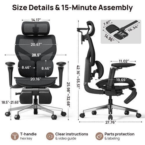 Ergonomic Mesh Office Chair with Footrest - 10 Hours Comfort Lumbar Support