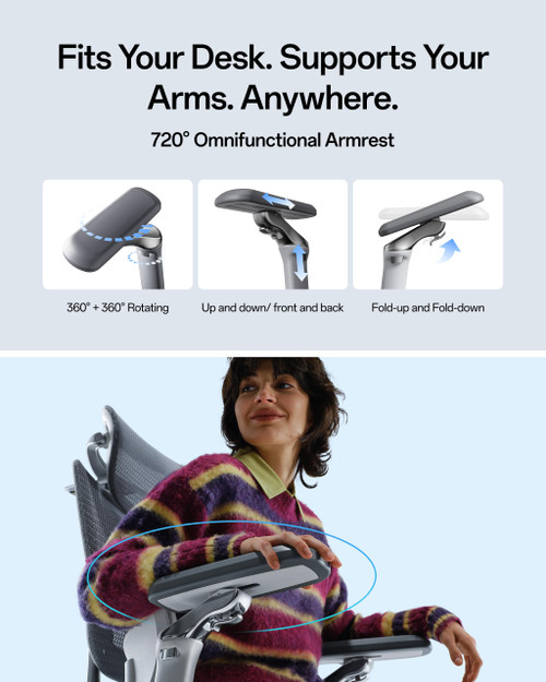 Ergonomic Office Chair, Mesh Desk Chair with 3-Zone Floating Lumbar Support, Upgraded 4D Headrest, 720° Armrests, Grey
