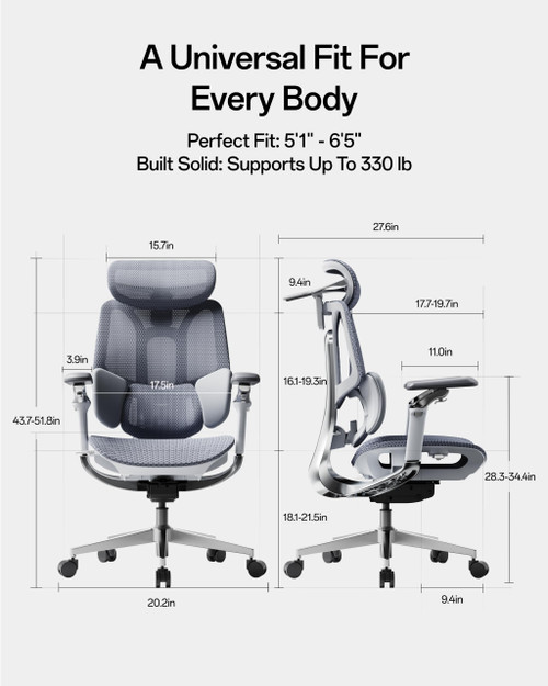 Ergonomic Office Chair, Mesh Desk Chair with 3-Zone Floating Lumbar Support, Upgraded 4D Headrest, 720° Armrests, Grey
