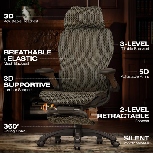 Ergonomic Mesh Office Chair with Footrest, Big and Tall Home Desk Chair with 5D Flip-Up Arms, Adjustable 3D Lumbar Support, Gaming & Executive Computer Chair (Coffee Break)