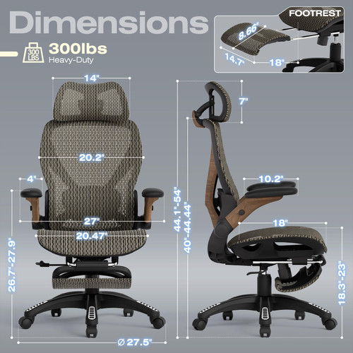 Ergonomic Mesh Office Chair with Footrest, Big and Tall Home Desk Chair with 5D Flip-Up Arms, Adjustable 3D Lumbar Support, Gaming & Executive Computer Chair (Coffee Break)
