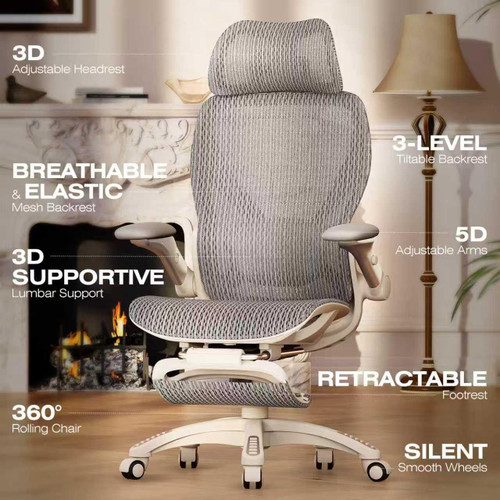 Ergonomic Mesh Office Chair with Footrest, Big and Tall Home Desk Chair with 5D Flip-Up Arms, Adjustable 3D Lumbar Support, Gaming & Executive Computer Chair (First Light)