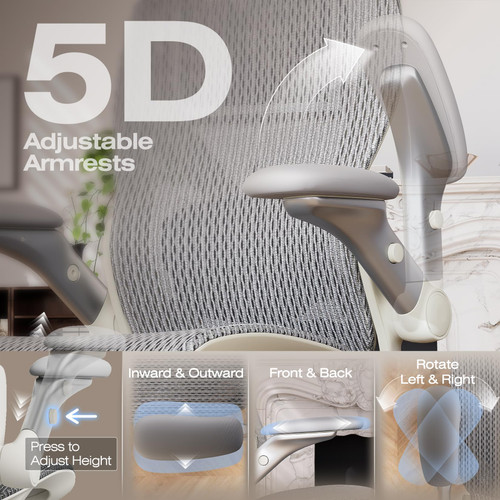 Ergonomic Mesh Office Chair with Footrest, Big and Tall Home Desk Chair with 5D Flip-Up Arms, Adjustable 3D Lumbar Support, Gaming & Executive Computer Chair (First Light)