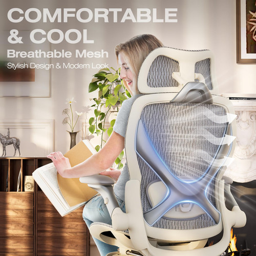Ergonomic Mesh Office Chair with Footrest, Big and Tall Home Desk Chair with 5D Flip-Up Arms, Adjustable 3D Lumbar Support, Gaming & Executive Computer Chair (First Light)