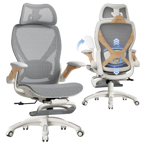 Ergonomic Mesh Office Chair with Footrest, Big and Tall Home Desk Chair with 5D Flip-Up Arms, Adjustable 3D Lumbar Support, Gaming & Executive Computer Chair (Foggy Morning)