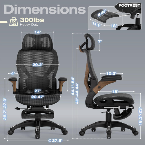 Ergonomic Mesh Office Chair with Footrest, Big and Tall Home Desk Chair with 5D Flip-Up Arms, Adjustable 3D Lumbar Support, Gaming & Executive Computer Chair (Library Oak)