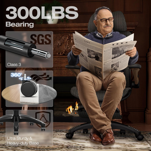 Ergonomic Mesh Office Chair with Footrest, Big and Tall Home Desk Chair with 5D Flip-Up Arms, Adjustable 3D Lumbar Support, Gaming & Executive Computer Chair (Library Oak)