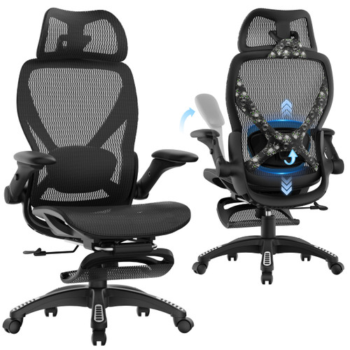 Ergonomic Mesh Office Chair with Footrest, Big and Tall Home Desk Chair with 5D Flip-Up Arms, Adjustable 3D Lumbar Support, Gaming & Executive Computer Chair (Night Reaper)