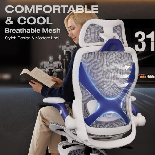 Ergonomic Mesh Office Chair with Footrest, Big and Tall Home Desk Chair with 5D Flip-Up Arms, Adjustable 3D Lumbar Support, Gaming & Executive Computer Chair (Cybernetic Pulse)