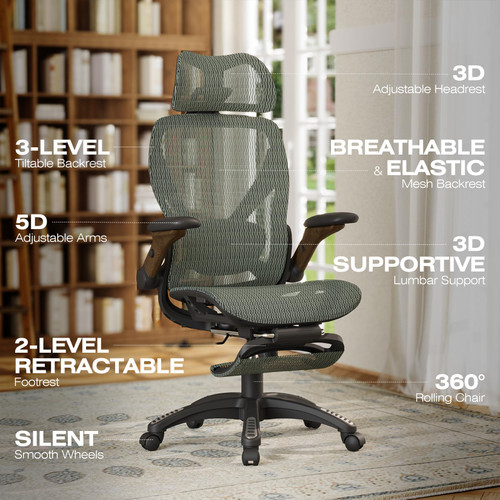 Ergonomic Mesh Office Chair with Footrest, Big and Tall Home Desk Chair with 5D Flip-Up Arms, Adjustable 3D Lumbar Support, Gaming & Executive Computer Chair (Forest Ranger)