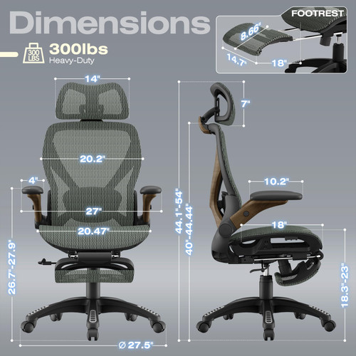 Ergonomic Mesh Office Chair with Footrest, Big and Tall Home Desk Chair with 5D Flip-Up Arms, Adjustable 3D Lumbar Support, Gaming & Executive Computer Chair (Forest Ranger)