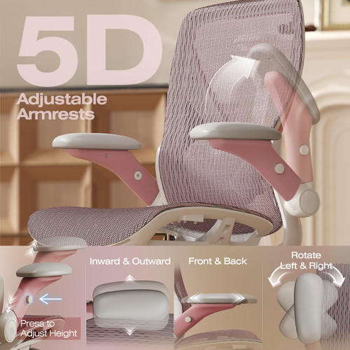 Ergonomic Mesh Office Chair with Footrest, Big and Tall Home Desk Chair with 5D Flip-Up Arms, Adjustable 3D Lumbar Support, Gaming & Executive Computer Chair (Peach Blossom)