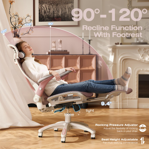 Ergonomic Mesh Office Chair with Footrest, Big and Tall Home Desk Chair with 5D Flip-Up Arms, Adjustable 3D Lumbar Support, Gaming & Executive Computer Chair (Peach Blossom)