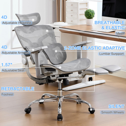 Ergonomic Mesh Office Chair with 2-Zone Lumbar Support and Footrest,Grey