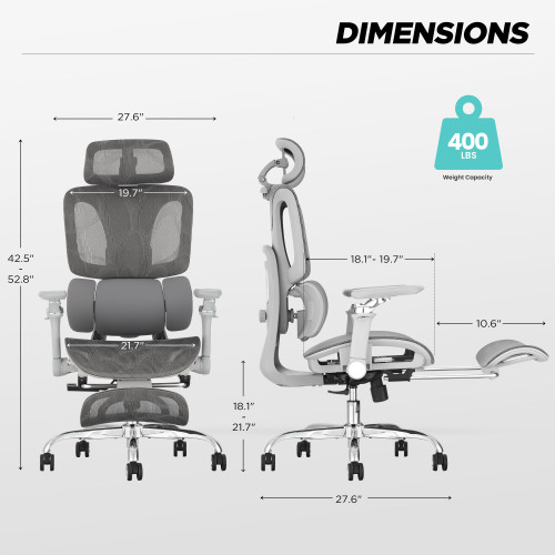 Ergonomic Mesh Office Chair with 3-Zone Dynamic Lumbar Support, Big and Tall Office Chair with Footrest, Adjustable Seat Depth,4D Headrest,6D Armrests, Swivel Executive Chair for Home Office,Grey