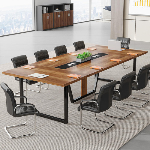 8FT Conference Table, 94.49 L x 47.24 W x 29.53 H Inches Large Meeting Podcast Table for 10 People, Business Style Wooden Training Table with Strong Metal Frame for Office Conference
