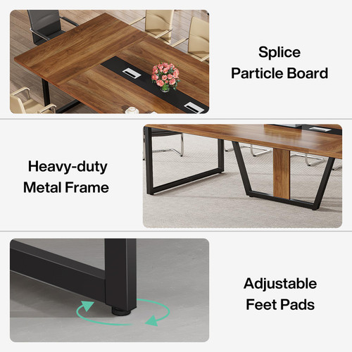 8FT Conference Table, 94.49 L x 47.24 W x 29.53 H Inches Large Meeting Podcast Table for 10 People, Business Style Wooden Training Table with Strong Metal Frame for Office Conference