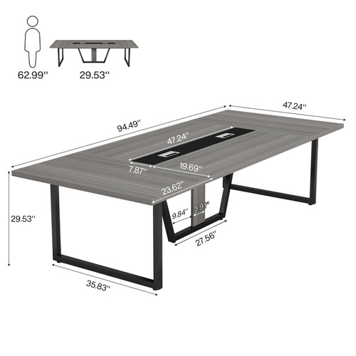 8FT Conference Table, 94.49 L x 47.24 W x 29.53 H Inches Large Meeting Podcast Table for 10 People, Business Style Wooden Training Table with Strong Metal Frame for Office Conference