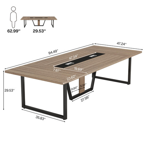 8FT Conference Table, 94.49 L x 47.24 W x 29.53 H Inches Large Meeting Podcast Table for 10 People, Business Style Wooden Training Table with Strong Metal Frame for Office Conference