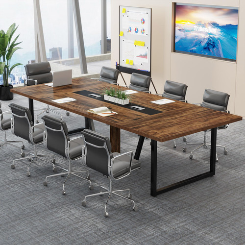 8FT Conference Table, 94.49 L x 47.24 W x 29.53 H Inches Large Meeting Podcast Table for 10 People, Business Style Wooden Training Table with Strong Metal Frame for Office Conference
