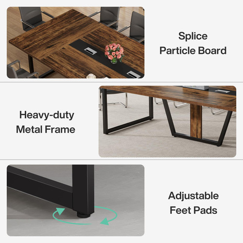 8FT Conference Table, 94.49 L x 47.24 W x 29.53 H Inches Large Meeting Podcast Table for 10 People, Business Style Wooden Training Table with Strong Metal Frame for Office Conference
