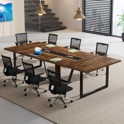8FT Conference Table, 94.49 L x 47.24 W x 29.53 H Inches Large Meeting Podcast Table for 10 People, Business Style Wooden Training Table with Strong Metal Frame for Office Conference