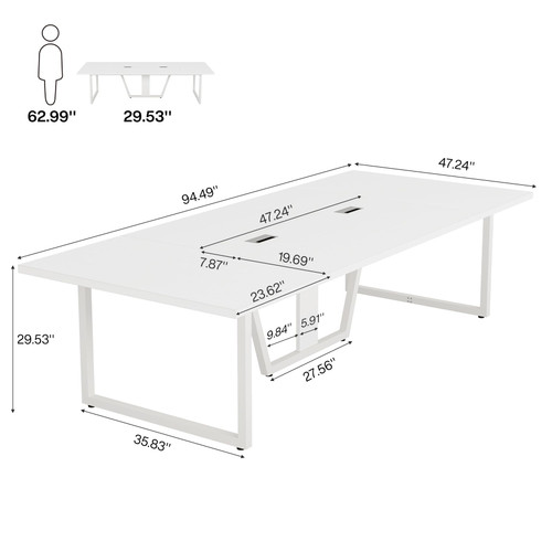 8FT Conference Table, 94.49 L x 47.24 W x 29.53 H Inches Large Meeting Podcast Table for 10 People, Business Style Wooden Training Table with Strong Metal Frame for Office Conference