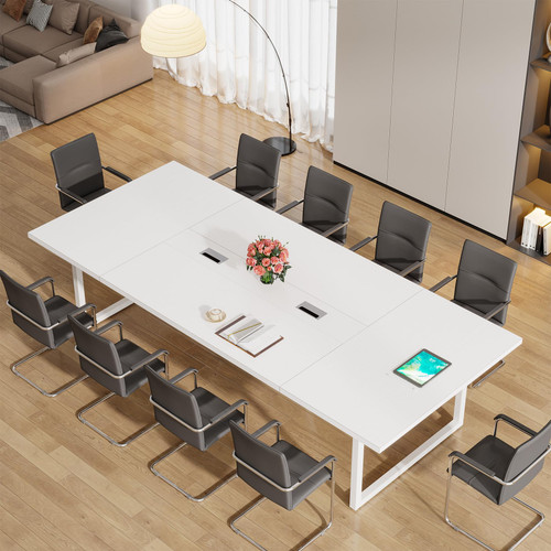 8FT Conference Table, 94.49 L x 47.24 W x 29.53 H Inches Large Meeting Podcast Table for 10 People, Business Style Wooden Training Table with Strong Metal Frame for Office Conference