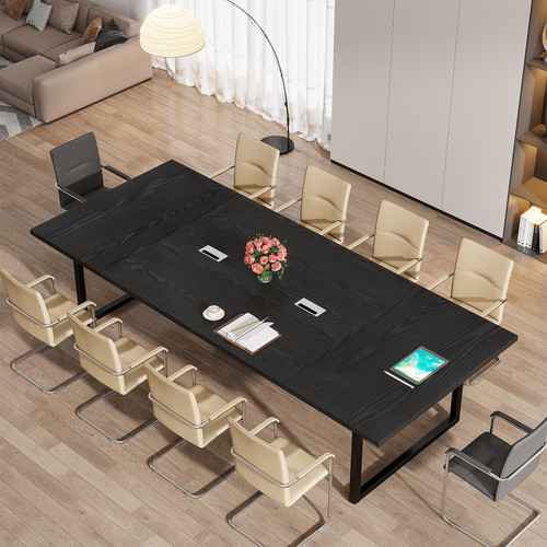 8FT Conference Table Set of 2, Large Meeting Podcast Table for 10 People, Business Style Wooden Training Table with Strong Metal Frame for Office Conference