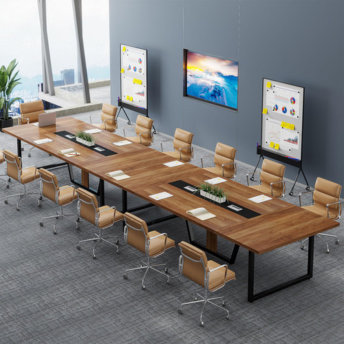 8FT Conference Table Set of 2, Large Meeting Podcast Table for 10 People, Business Style Wooden Training Table with Strong Metal Frame for Office Conference